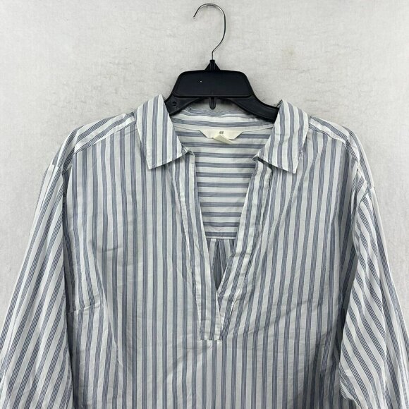 H & M L.O.G.G. Shirt Women's Sz S Gray White Striped Popover V Neck Long Sleeves - Picture 5 of 11